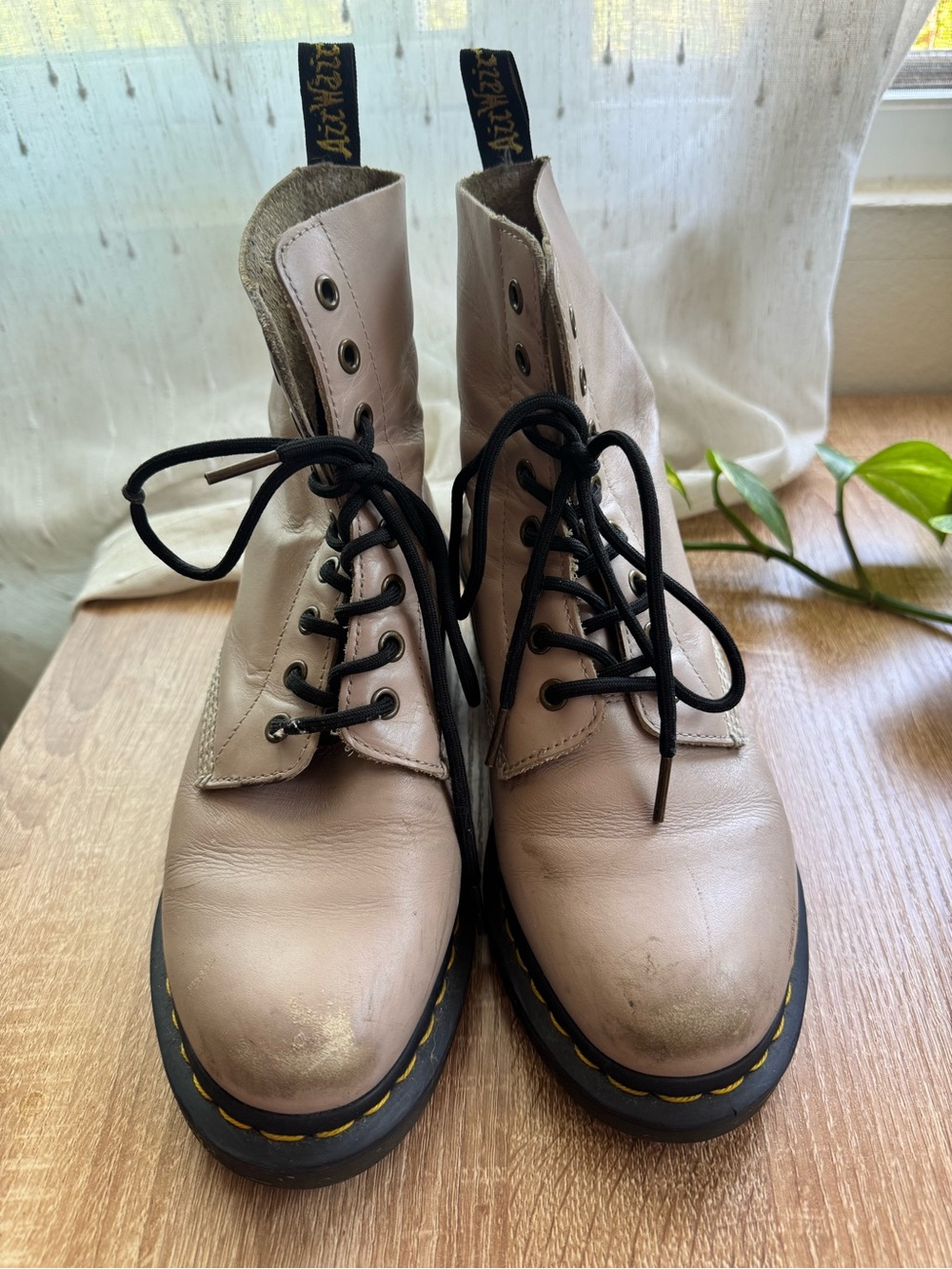 Dr. Martens Beige/Taupe Lace-Up Leather Combat Boots with Black Laces